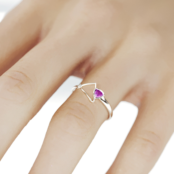 14K White Gold Pink Sapphire Ring | Handmade Solid 14K white gold statement ring set with trillion cut Pink Sapphire and a Diamond