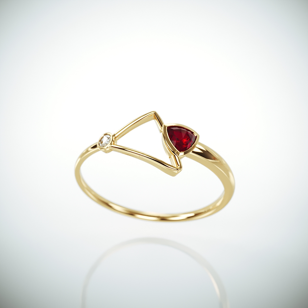 14k Gold Ring set with Ruby and Diamond | Solid 14k gold promise ring set with trillion cut natural Ruby and a brillinat diamond