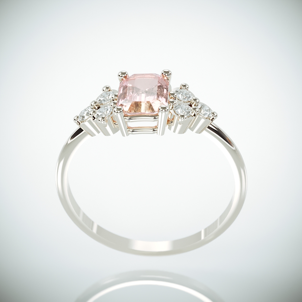Morganite Engagement Ring | White Gold Peach Morganite Ring set with Diamonds | Emerald Cut Pink Morganite Ring