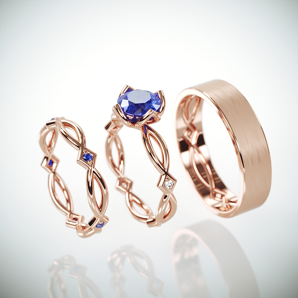 14K Rose Gold Celtic Wedding Rings Set with Natural Sapphire and and Diamonds | His and Hers rings set with sapphire and diamonds