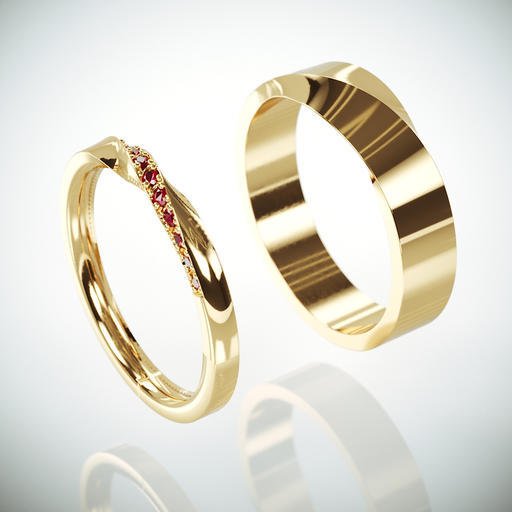 14k Gold Mubius Rings Set Ladies ring set with Ruby | His and Hers Rubies Ring | 14k Gold Mobius Wedding Ring set with Ruby