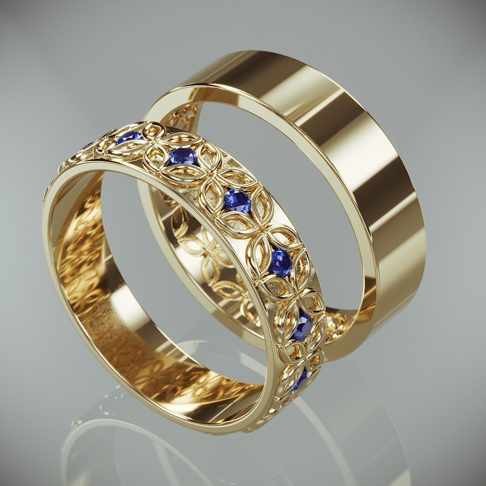 14K Gold Celtic Flower Wedding Rings Set with Blue Sapphire |14k Gold Celtic flower Wedding Bands Set with Sapphire